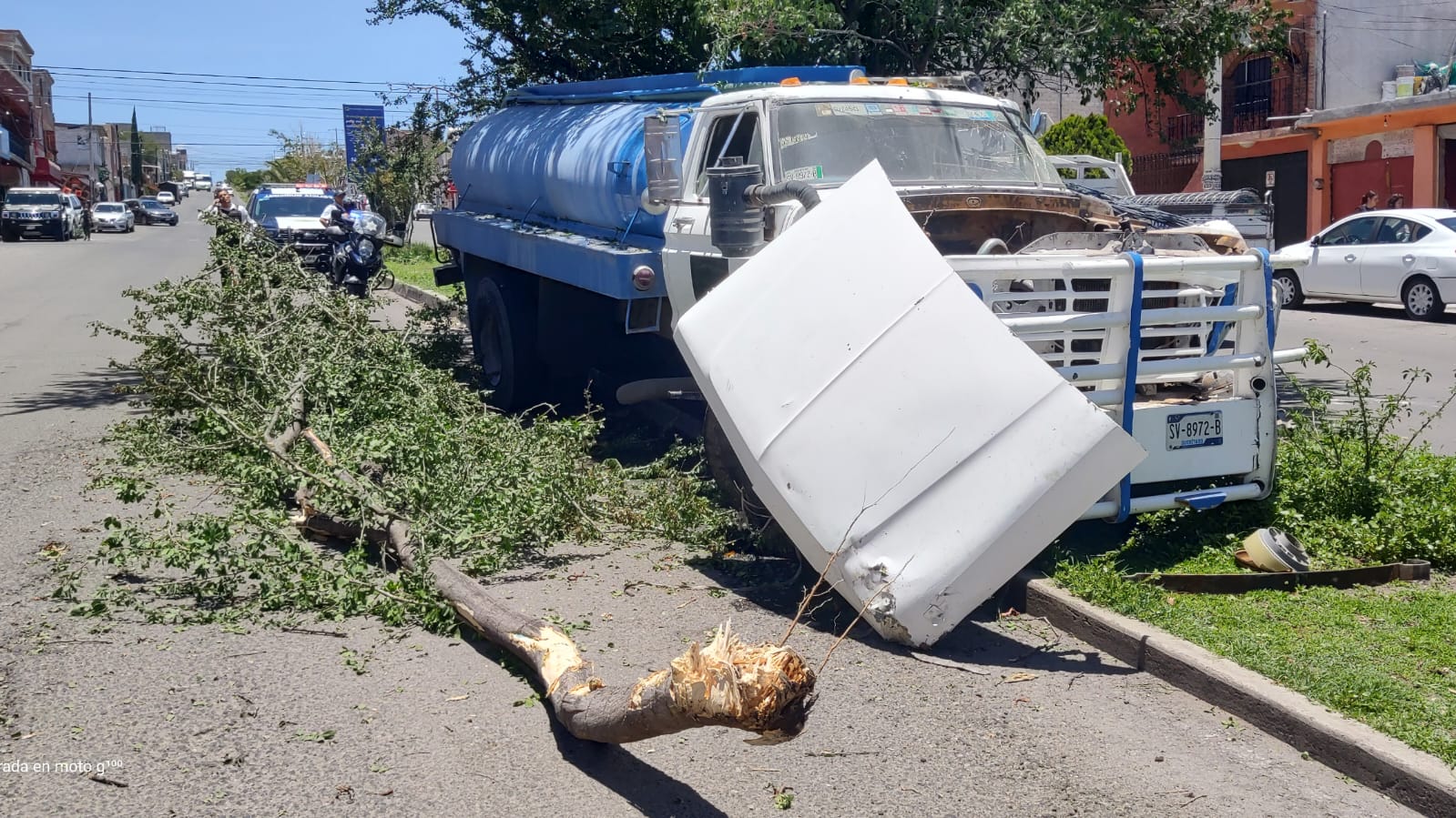 Pipa de agua se quedó sin frenos y derriba un árbol en Prolongación 27