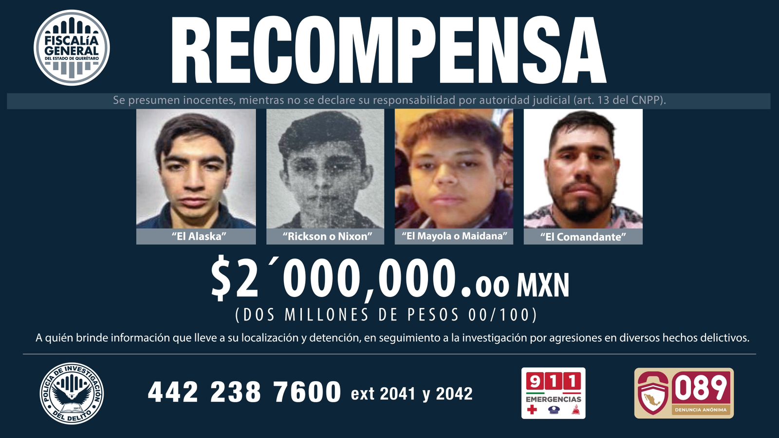 Ofrecen 2 millones de pesos por cuatro sujetos involucrados con hechos de violencia en Querétaro