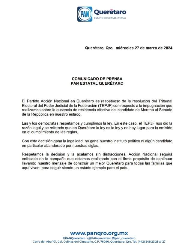 En Querétaro la ley es la ley: Partido Acción Nacional