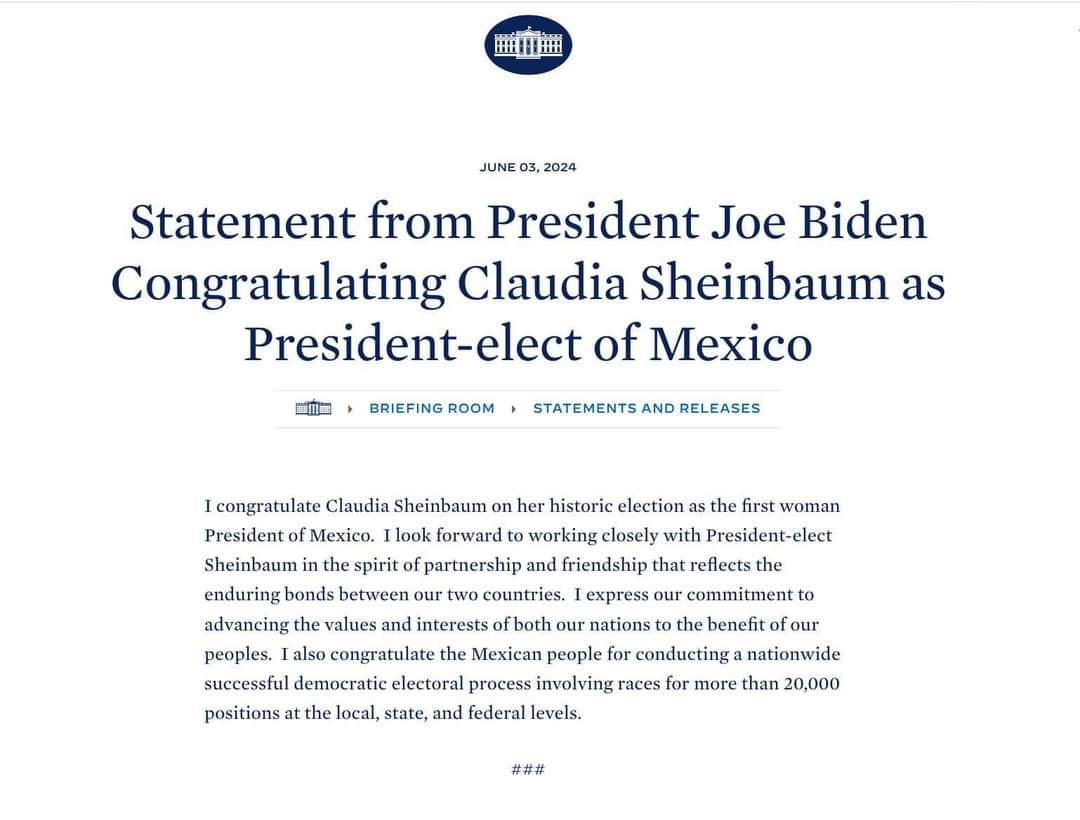 JOE BIDEN ENVÍA FELICITACIONES A CLAUDIA SHEINBAUM