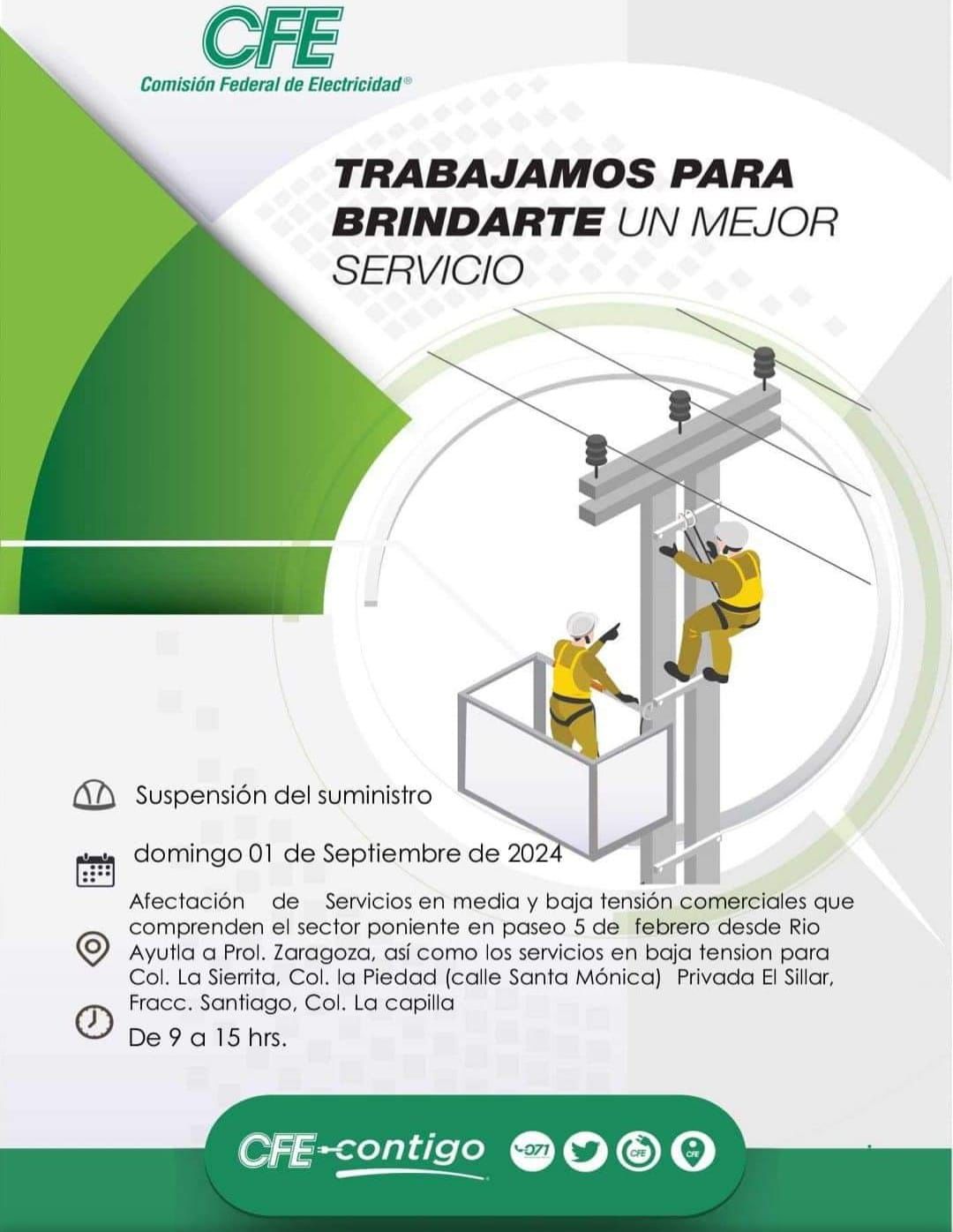 Habrá cortes de energía eléctrica por obras en Paseo 5 de Febrero